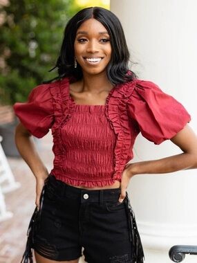 🌻Buddy Love Tandy Puff Sleeve Top Maroon Statement Sleeve Blouse Size XS